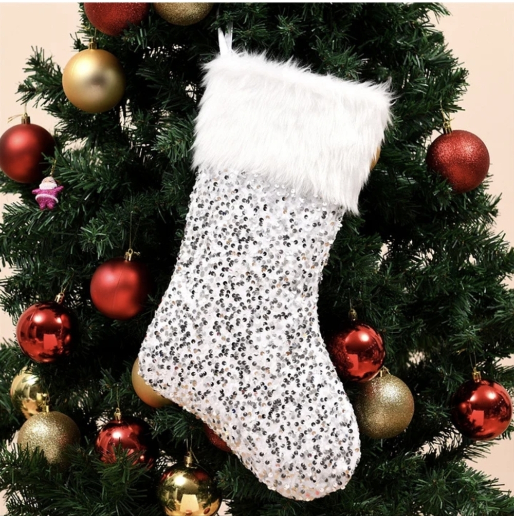 White & Silver Sequin Christmas Stocking